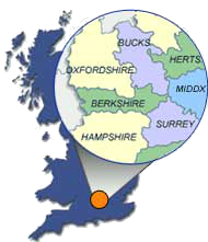 Berkshire, Buckinghamshire, Hampshire, Oxfordshire, Hertfordshire, Surrey, Middlesex